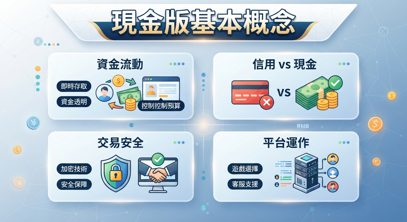 這是一張關於現金版基本概念的資訊圖表,上方醒目地顯示著主題標題。 畫面採用乾淨的科技藍色調,整齊地排列著介紹資金流動、交易安全與平台運作等核心概念的區塊。